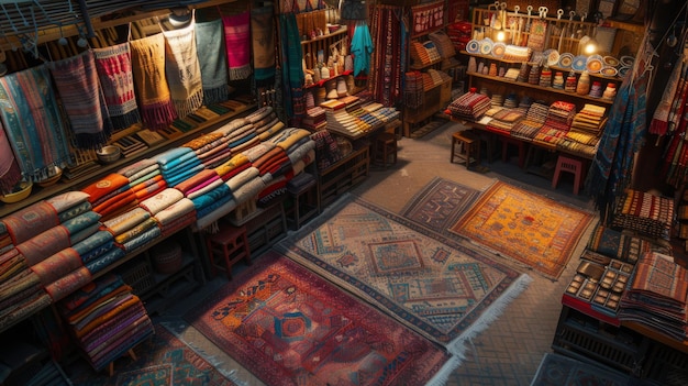 Photo a room filled with a variety of colorful rugs and other items for sale generative ai