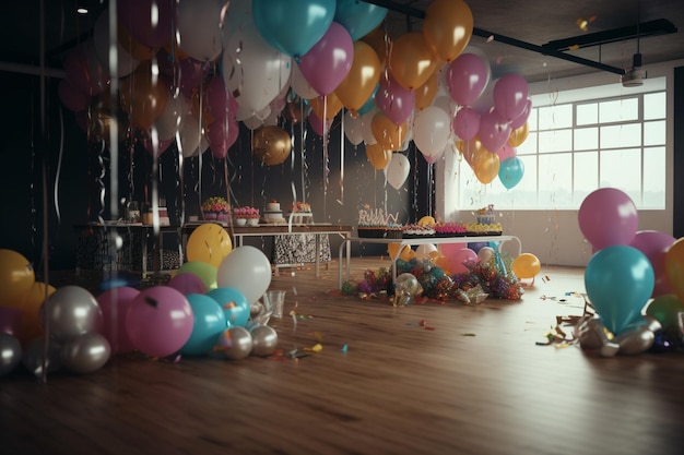 A room full of balloons and a table full of balloons