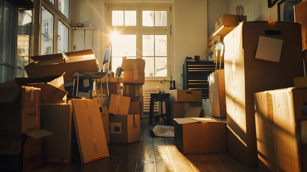 Room full of box containers and stuff for cleaning Move packing and unpacking Generative AI