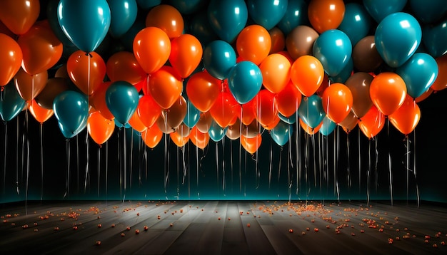 A room full of shiny orange and blue balloons