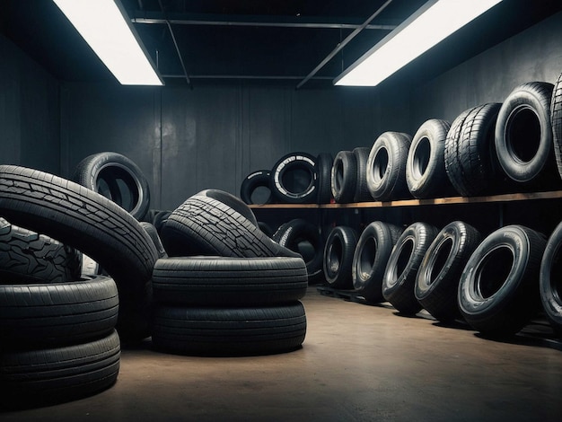 Photo a room full of tires and tires with one that says tires