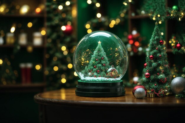 Room in green tones is decorated Christmas garlands and tinsel snow globe on table Generative AI