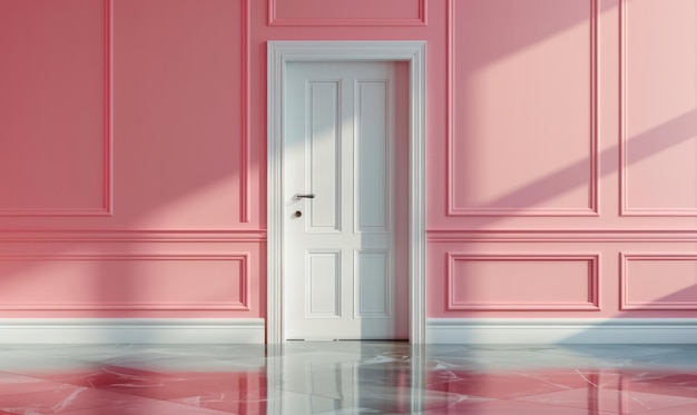 The room has pink walls and a white door made of wood with a rectangular shape