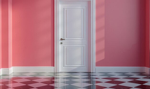 The room has pink walls and a white door made of wood with a rectangular shape