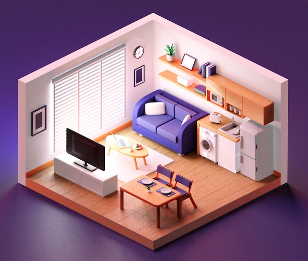 Room includes furniture working table with computer office chair bookshelf 3D illustration