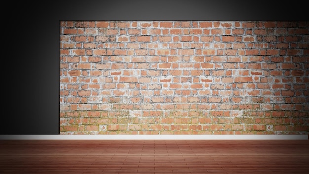 Room interior empty weathered brick wall and wooden floor