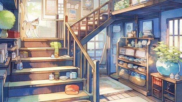 the room interior is retro emotional and warm Japanese Ghiblistyle