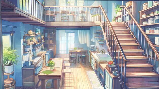 the room interior is retro emotional and warm Japanese Ghiblistyle