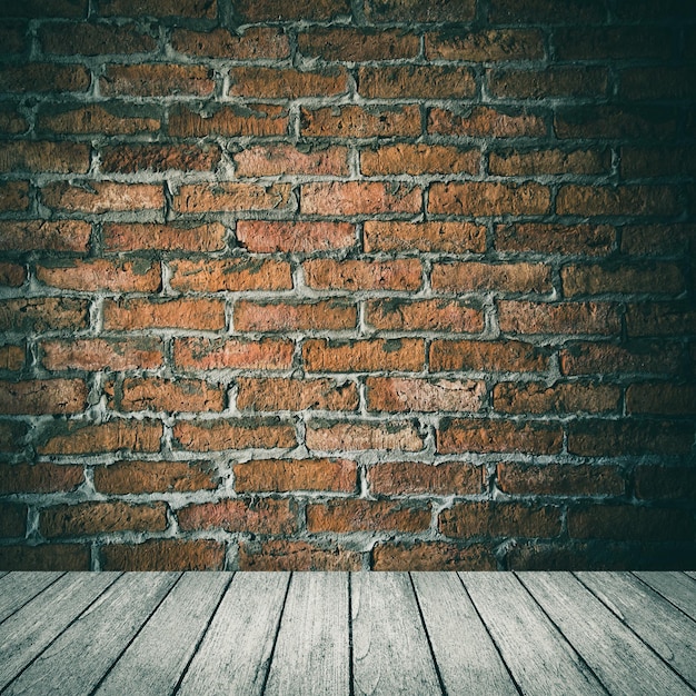 Room interior vintage with white brick wall and wood floor background