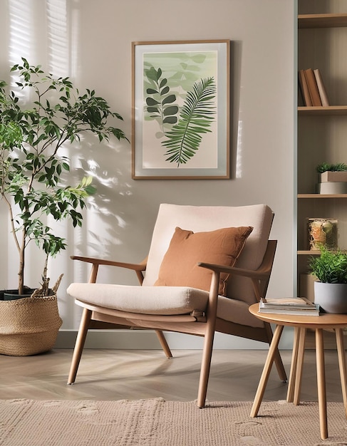 The room is beautiful and neatly arranged featuring an elegant chair and several photo frames