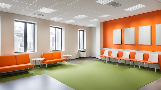 the room is a waiting area made in modern bright colors