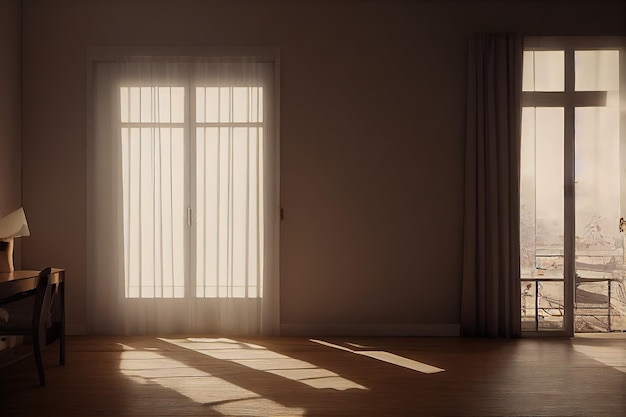 A room in light brown colors with large windows with curtains and a desk against the wall 3d illustration