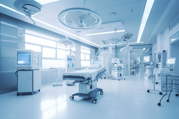 A room showing medical equipment in an bright hospital operating room with Generative AI