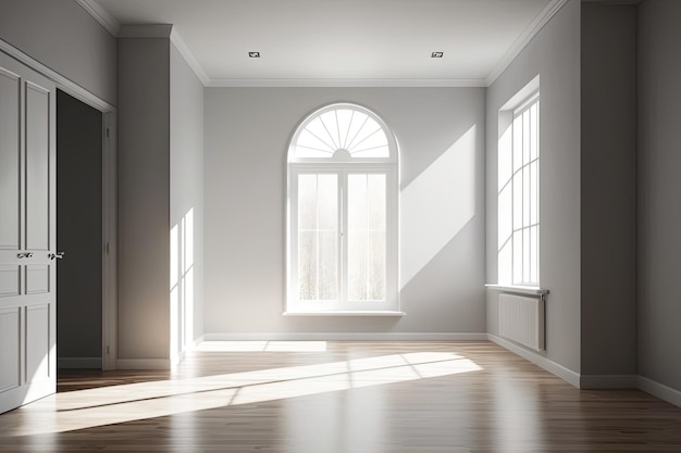 A room that is empty has a glossy parquet floor gray walls a large fullwall window with the sun