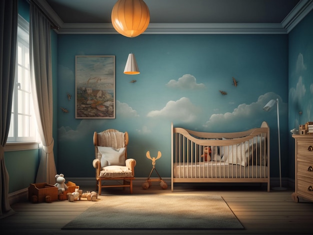 A room with a baby's crib and a painting of a whale.