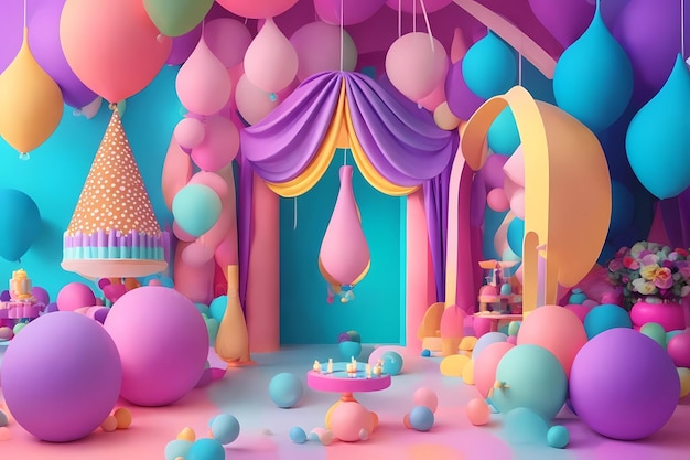 a room with balloons and a birthday cake