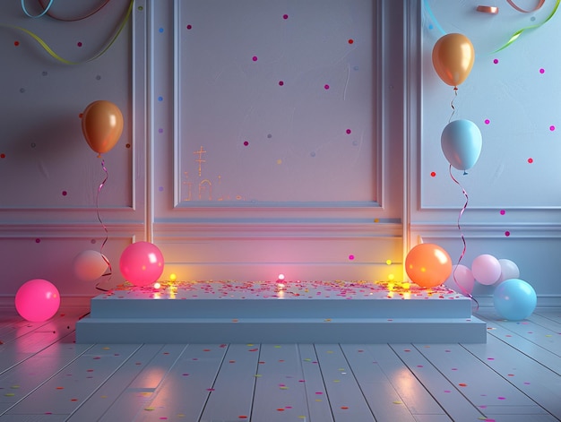 a room with balloons and a cross on the wall