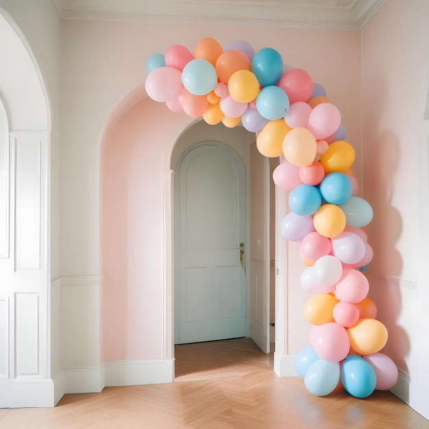 a room with balloons and a door that says  balloons