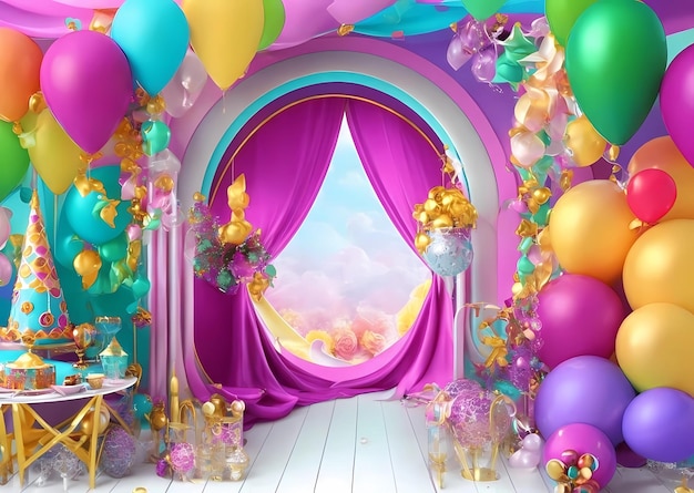 a room with balloons and a door that says " the birthday "