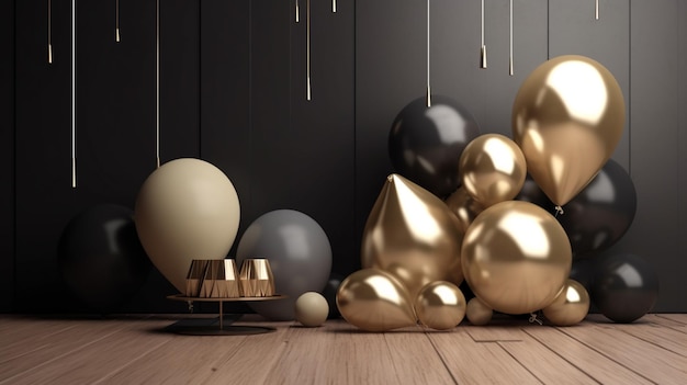 A room with balloons and a gold balloon