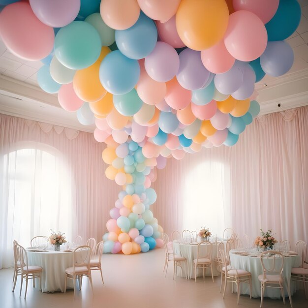 a room with balloons hanging from the ceiling and a table with chairs and tables and chairs