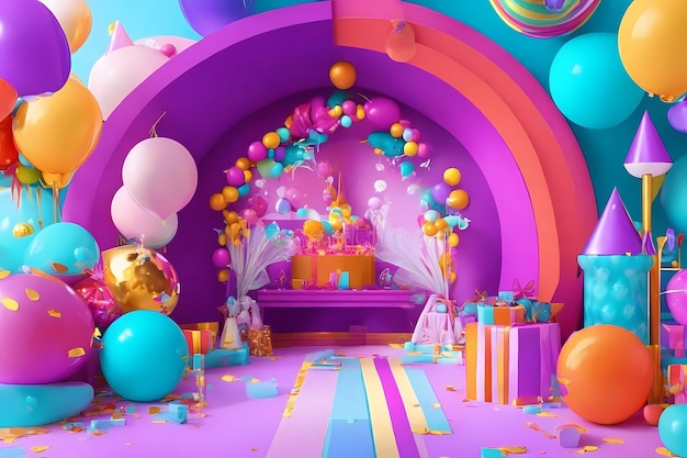 a room with balloons and a rainbow in the middle