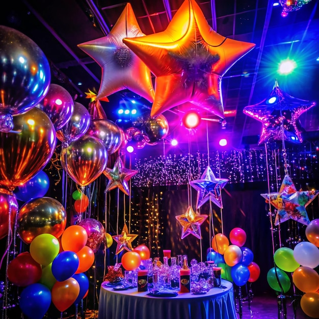 a room with balloons and a table with a table with a table with a table cloth with a tablecloth with a tablecloth