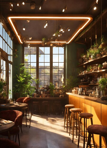 Photo a room with a bar with a large window that says potted plants