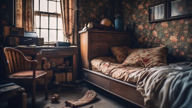 A room with a bed and a chair in it and a window with a picture of a teddy bear on it.