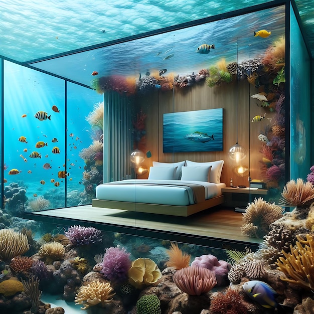 a room with a bed and a fish tank with a picture of a coral reef