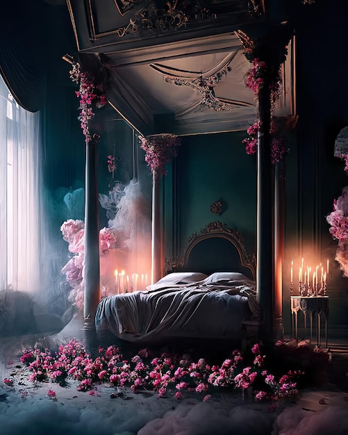 A room with a bed and flowers on the floor