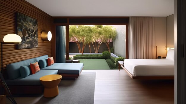 A room with a bed and a green carpet in the middle of it.