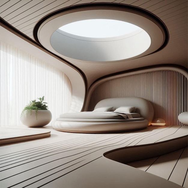 a room with a bed and a round window with a light on the ceiling