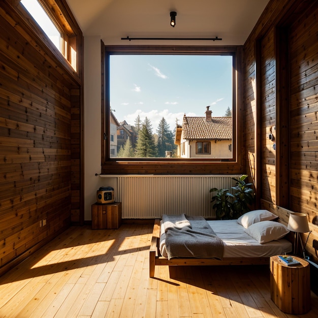 a room with a bed and a window that has a view of the woods