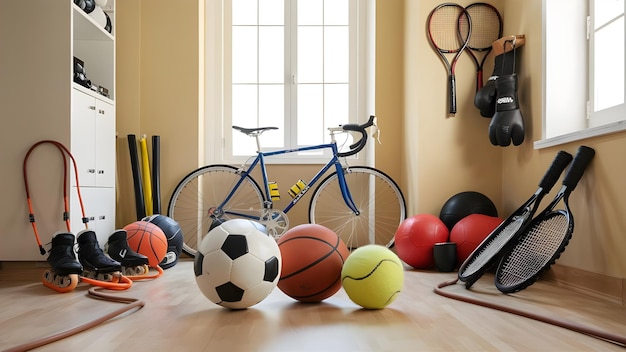 A room with beige walls and a variety of sports equipment