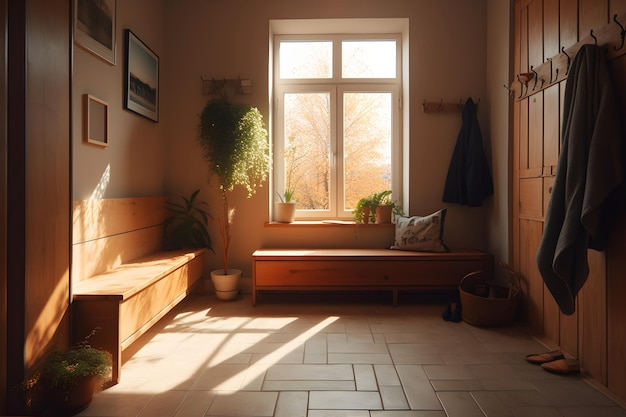 A room with a bench and a window with a plant on it