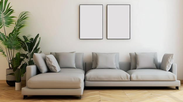 Room with big grey sofa and pillows, plant, wooden floor, and 2 empty frames.