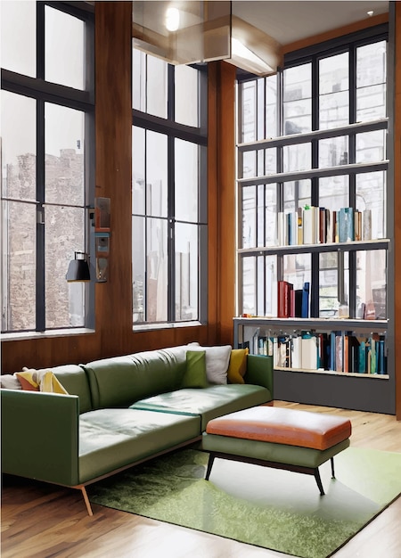 Room with big windows built in wooden shelving with colorful books