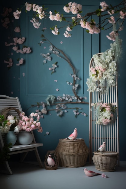 A room with a bird cage and flowers on the wall