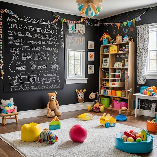 Photo a room with a black wall with a teddy bear on it