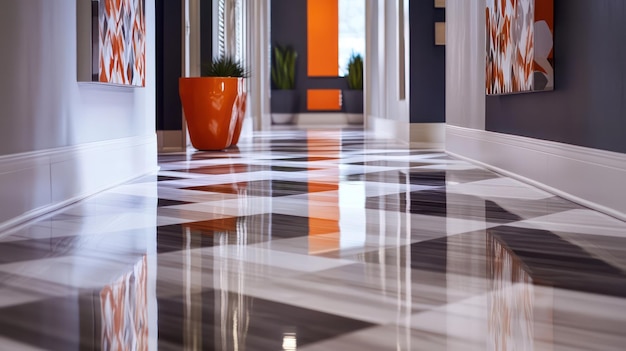 Photo a room with a black and white floor and orange walls