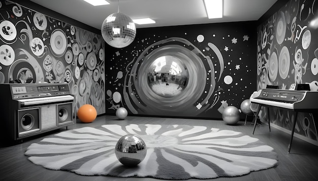 Photo a room with a black and white space with a large globe on the wall