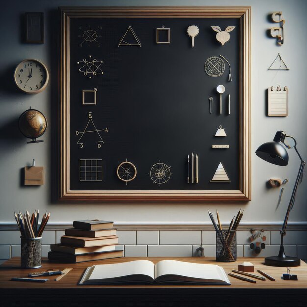 Photo a room with a blackboard that has a picture of things on it