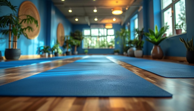 a room with a blue floor and a plant in the corner