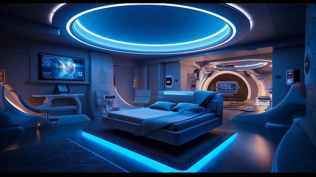 A room with a blue light that says planet earth on it.