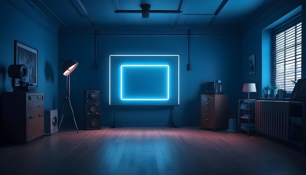 a room with a blue neon light and a lamp in it