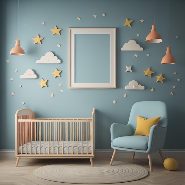 A room with a blue wall and a baby's room with a wall with a picture of a cloud and the words " baby ".