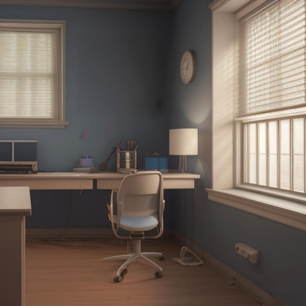 A room with a blue wall and a desk and a clock on the wall