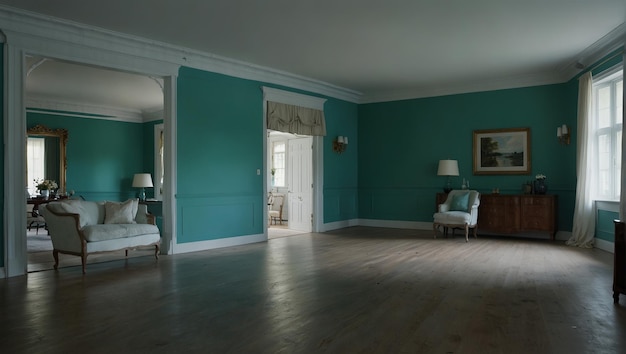 a room with a blue wall and a white door that says the door to the left