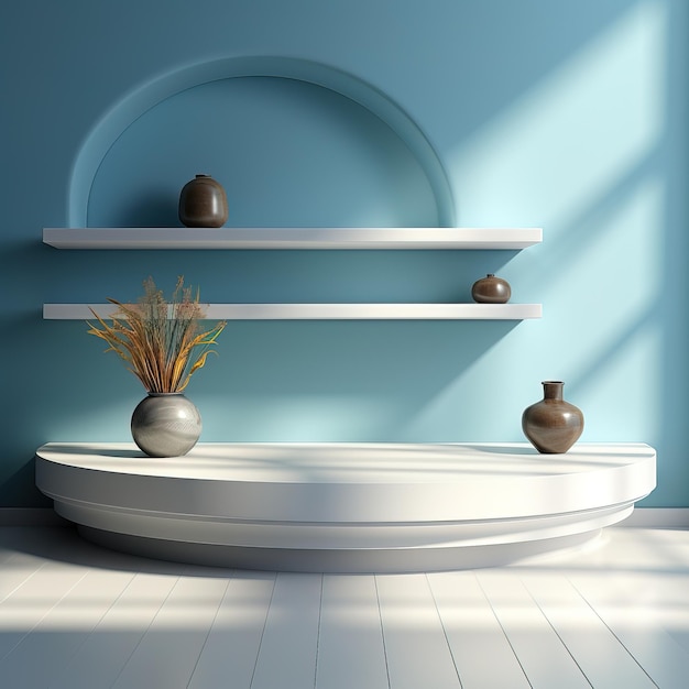 a room with a blue wall and white shelf with vases and vases on it